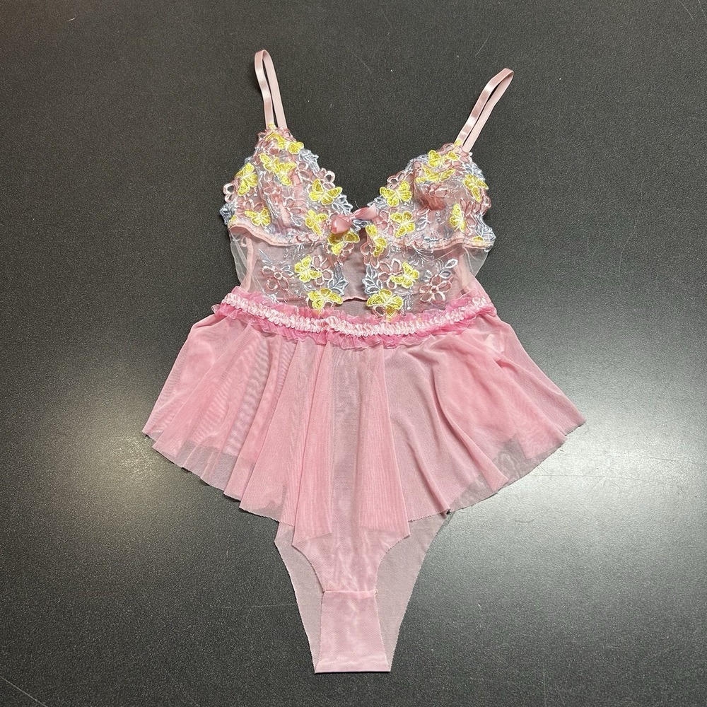 Y2K Butterfly Bodysuit Small Pink Mesh Sheer Lingerie Fairy Boho Whimsy Bodysuit